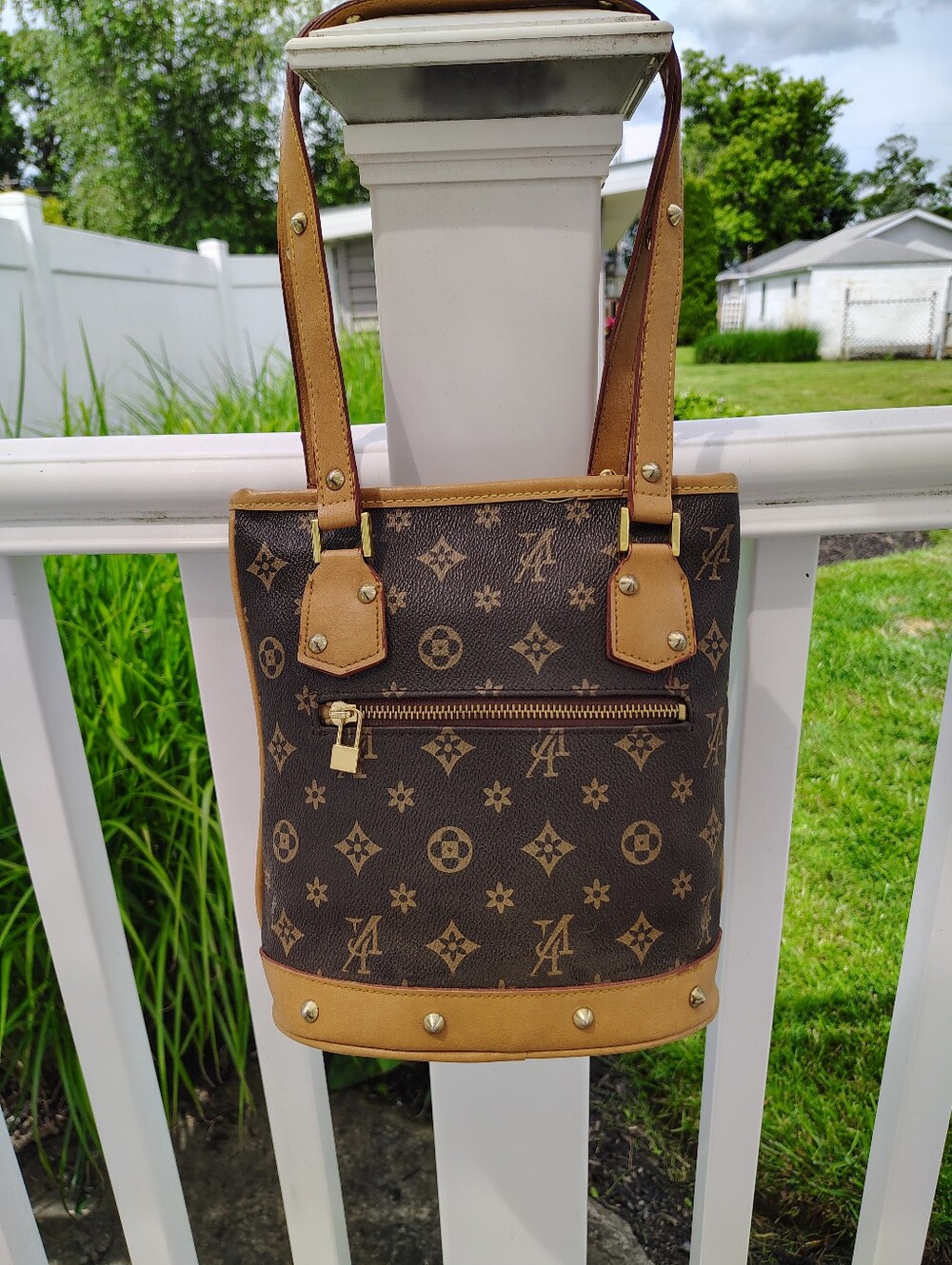 Monogram Bucket Tote in Dark Brown & Tan